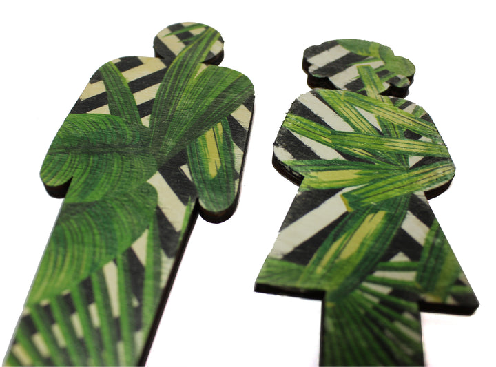 Man and Woman Bathroom Pair - Wooden Bathroom Sign- Tropical Botanical Bathroom Trend