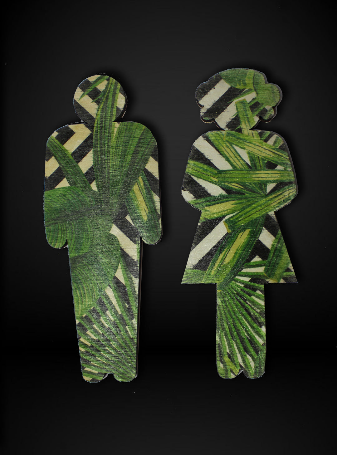 Man and Woman Bathroom Pair - Wooden Bathroom Sign- Tropical Botanical Bathroom Trend