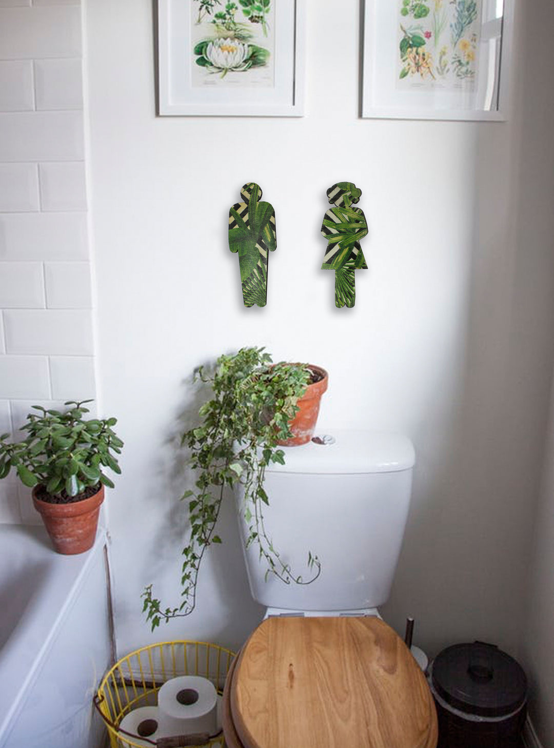 Man and Woman Bathroom Pair - Wooden Bathroom Sign- Tropical Botanical Bathroom Trend