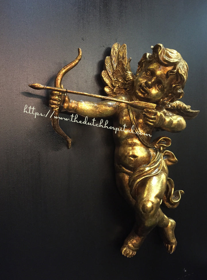 Metallic gold plated cupids, cherubs, angel couple sculptures 