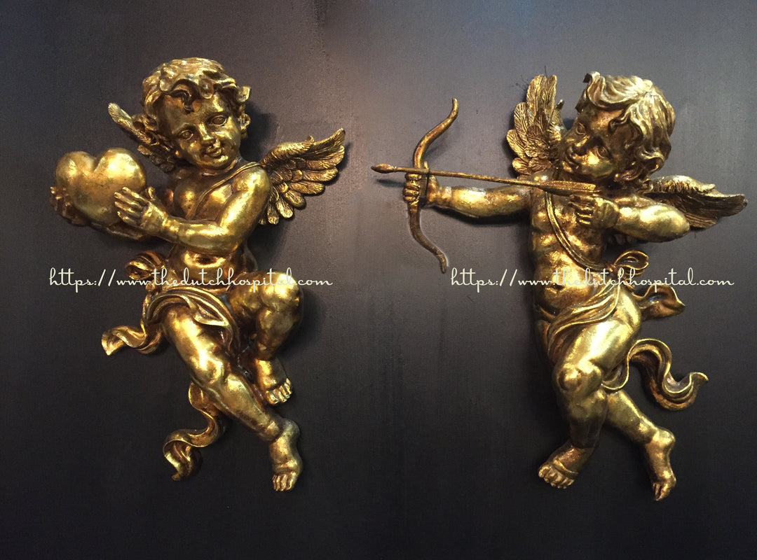 Metallic gold plated cupids, cherubs, angel couple sculptures 