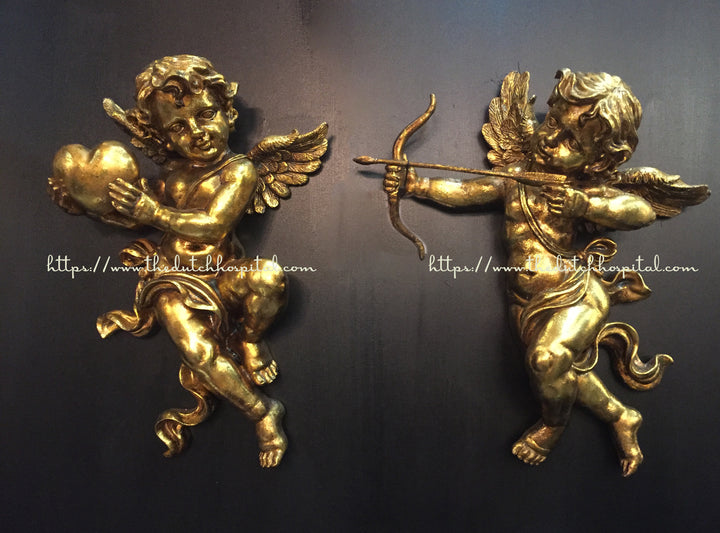 Metallic gold plated cupids, cherubs, angel couple sculptures 