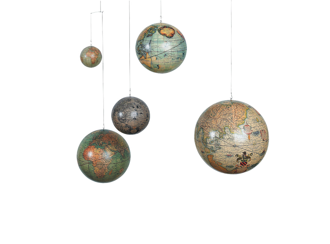 Vintage replica of five different globes from five centuries baby mobile, Antique Globe Décor, Globe Baby Mobile