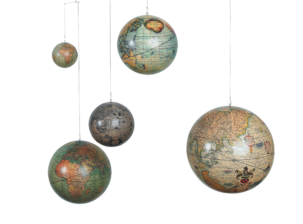 Vintage replica of five different globes from five centuries baby mobile, Antique Globe Décor, Globe Baby Mobile