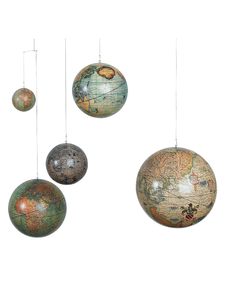 Vintage replica of five different globes from five centuries baby mobile, Antique Globe Décor, Globe Baby Mobile