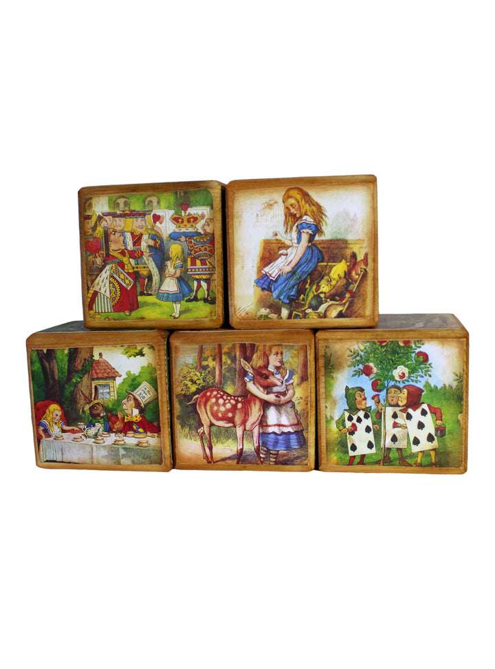 Alice In Wonderland Classic Vintage Wooden Blocks set of 5  – Non Personalise Baby Blocks