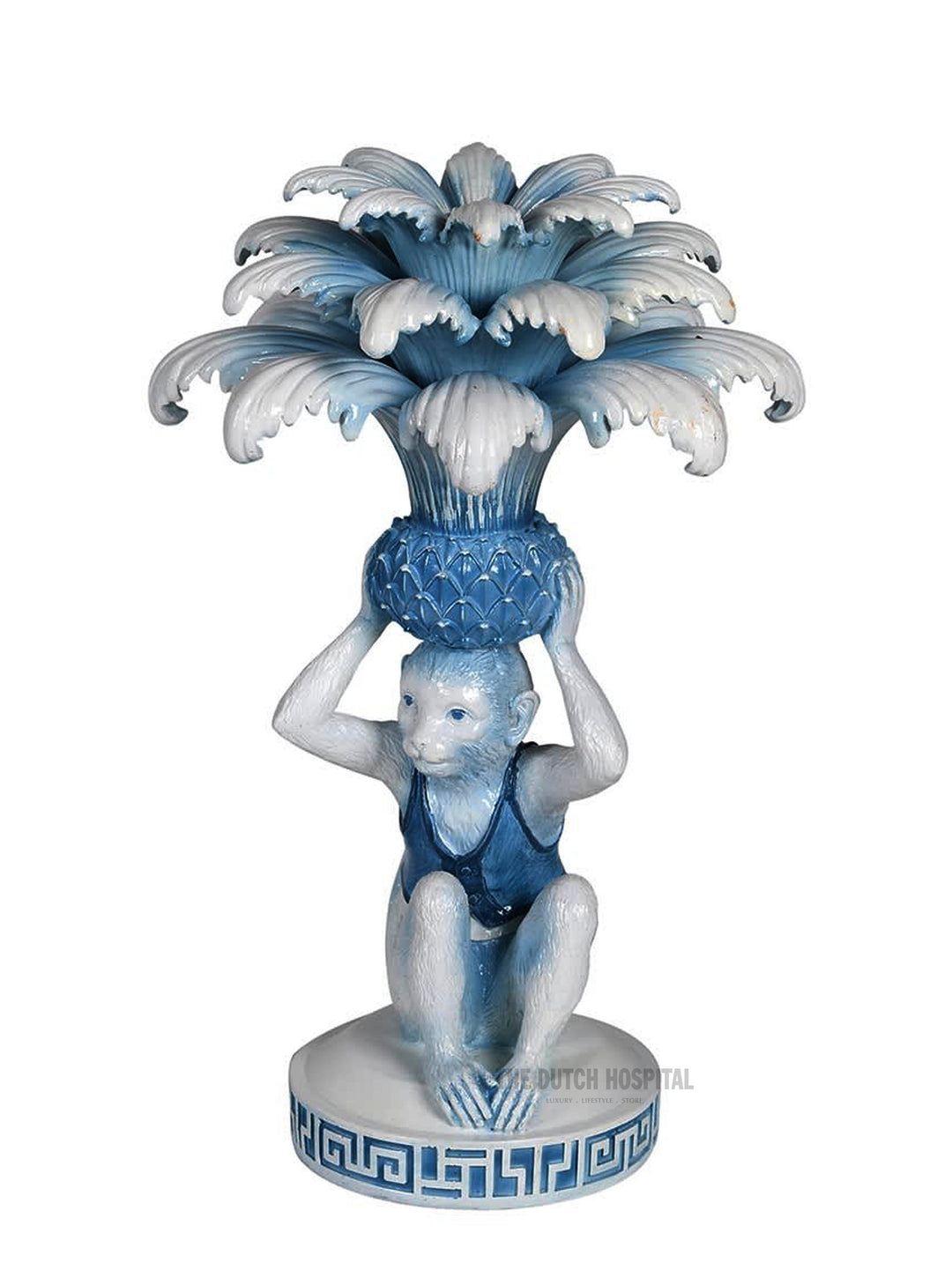 Large blue and white monkey candle holder