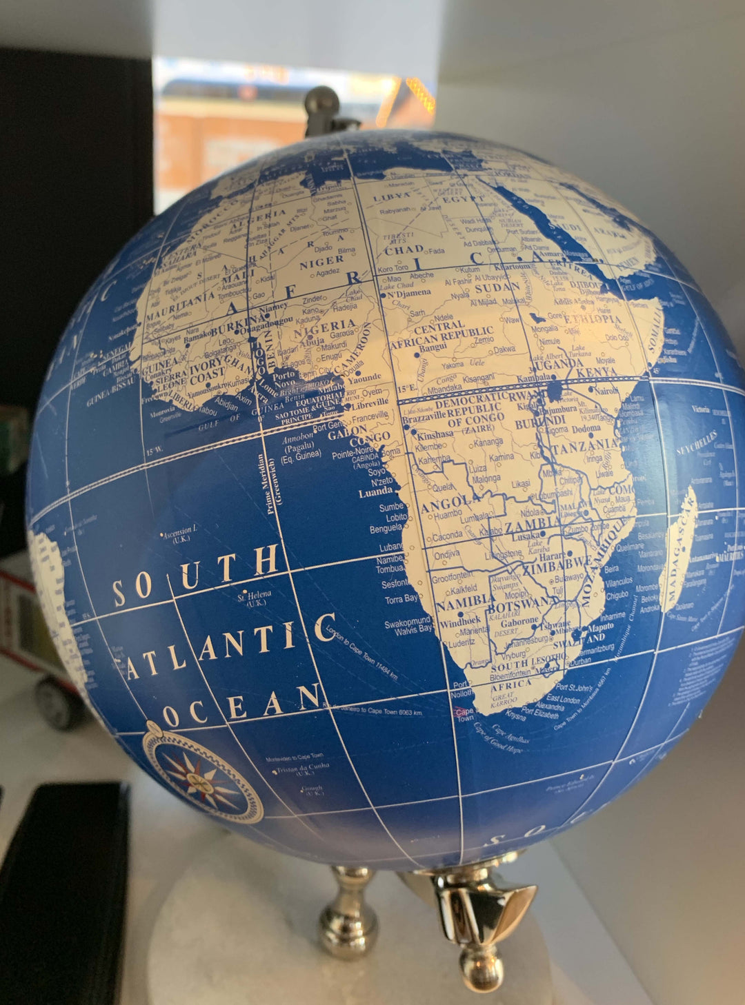 Nautical Globe on Marble Base, Classic Vintage Globe Blue & White, 30cm