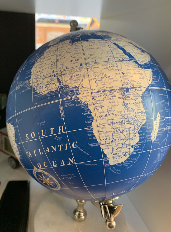 Nautical Globe on Marble Base, Classic Vintage Globe Blue & White, 30cm