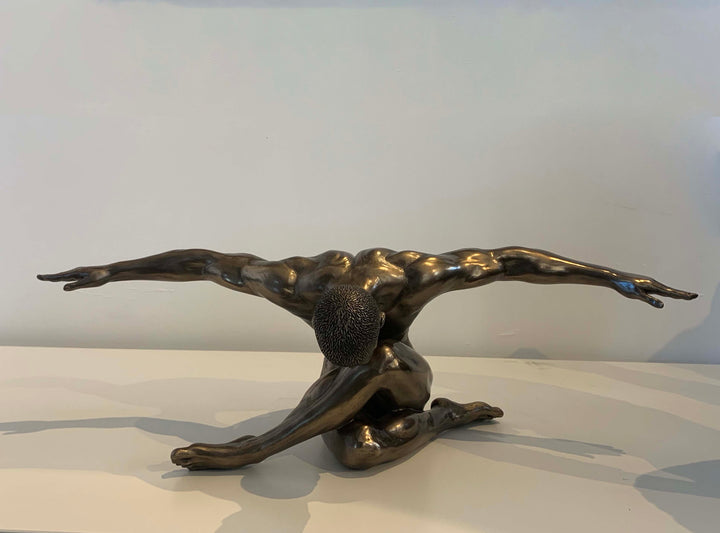 male nude, arm stretching man figure, bronze plated male nude figure
