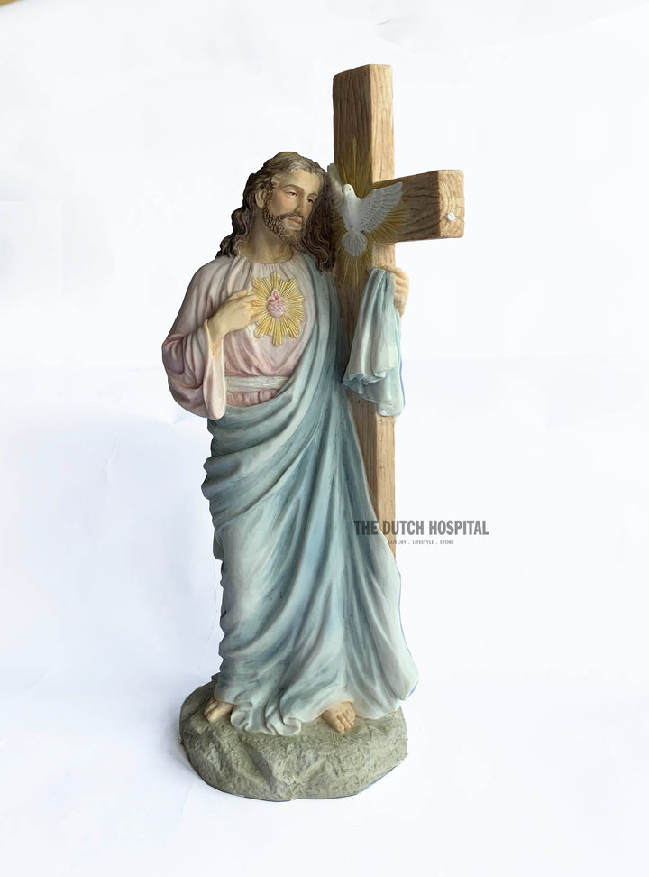 Jesus With Sacred Heart Leaning On The Dove Cross