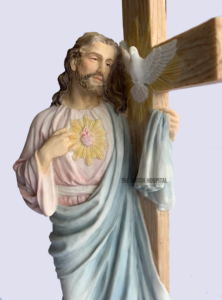 Jesus With Sacred Heart Leaning On The Dove Cross