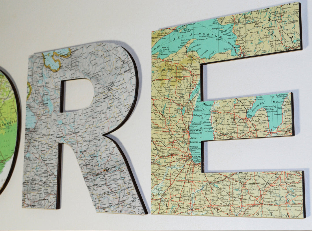 EXPLORE Map Letters – Travel Theme Wedding Signs – Map Atlas Topped Wooden Letters