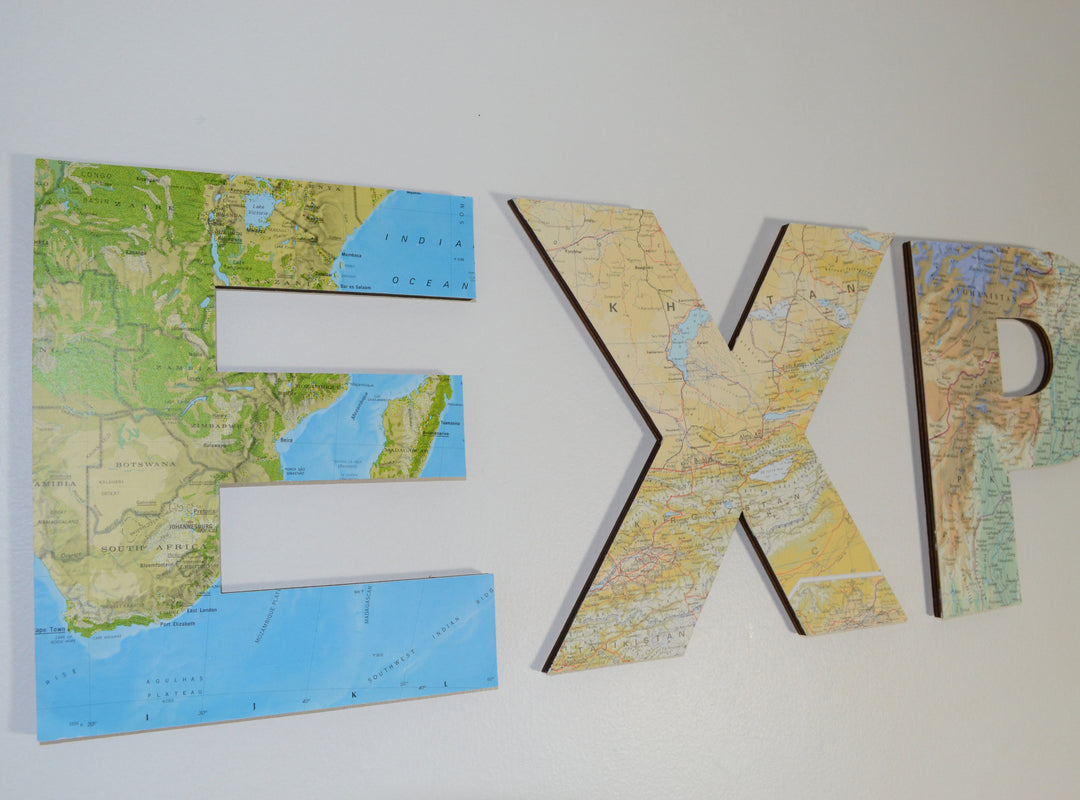 EXPLORE Map Letters – Travel Theme Wedding Signs – Map Atlas Topped Wooden Letters