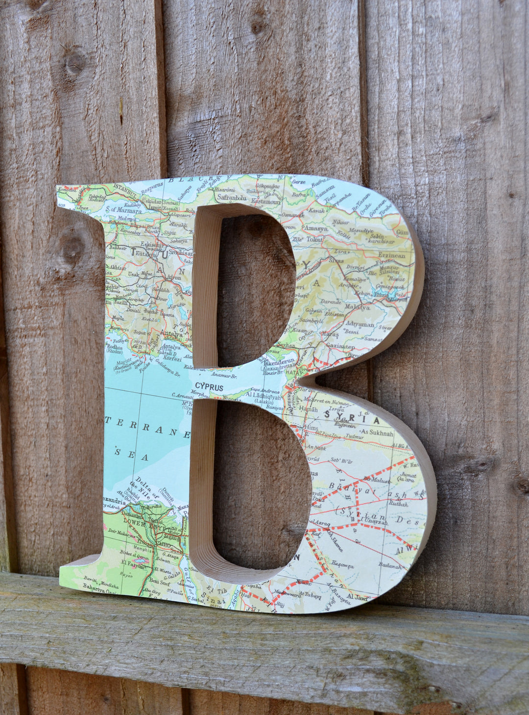 Map covered wooden letters decoupage with up-cycle vintage maps
