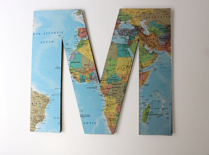 map covered wooden letters, map sign, wooden letters  