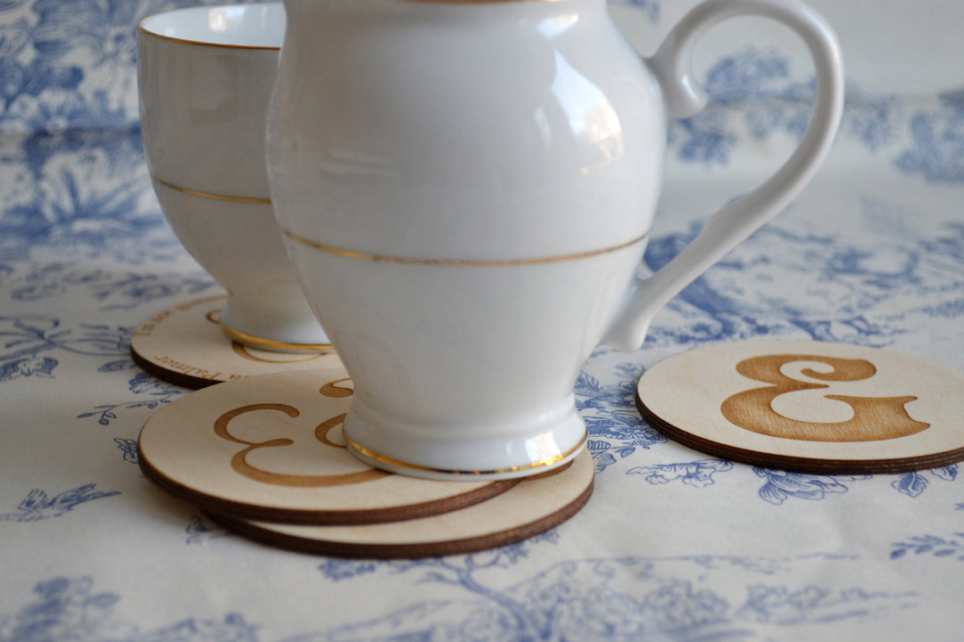Set Of Four Wooden Coasters An Ampersand: Engraved Drink Coasters