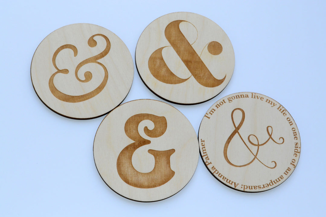 Set Of Four Wooden Coasters An Ampersand: Engraved Drink Coasters