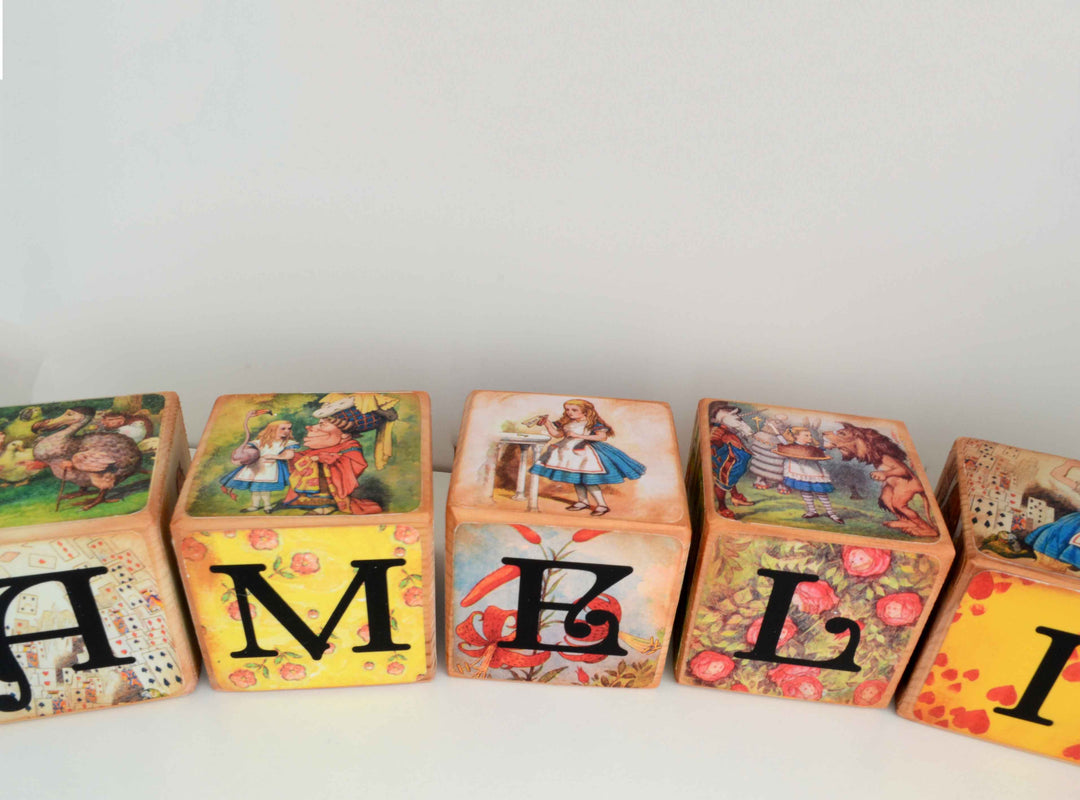 Alice In Wonderland Classic Vintage Wooden Blocks set of 5  – Non Personalise Baby Blocks