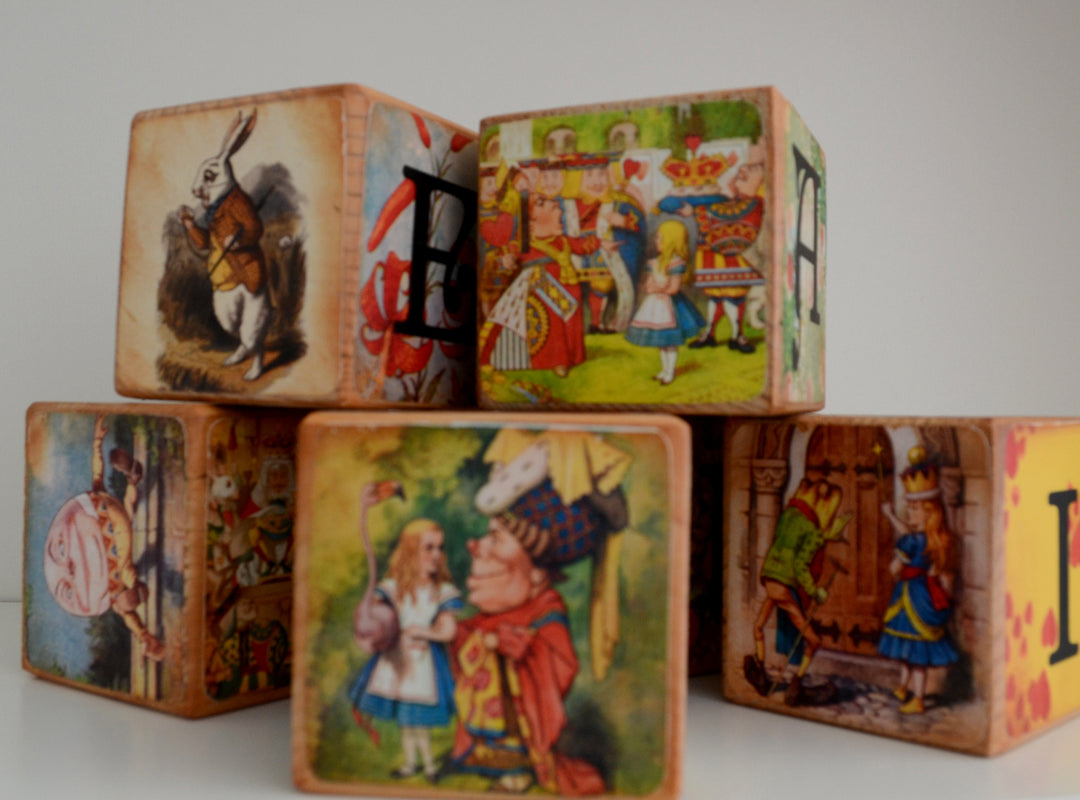 Alice In Wonderland Classic Vintage Wooden Blocks set of 5  – Non Personalise Baby Blocks