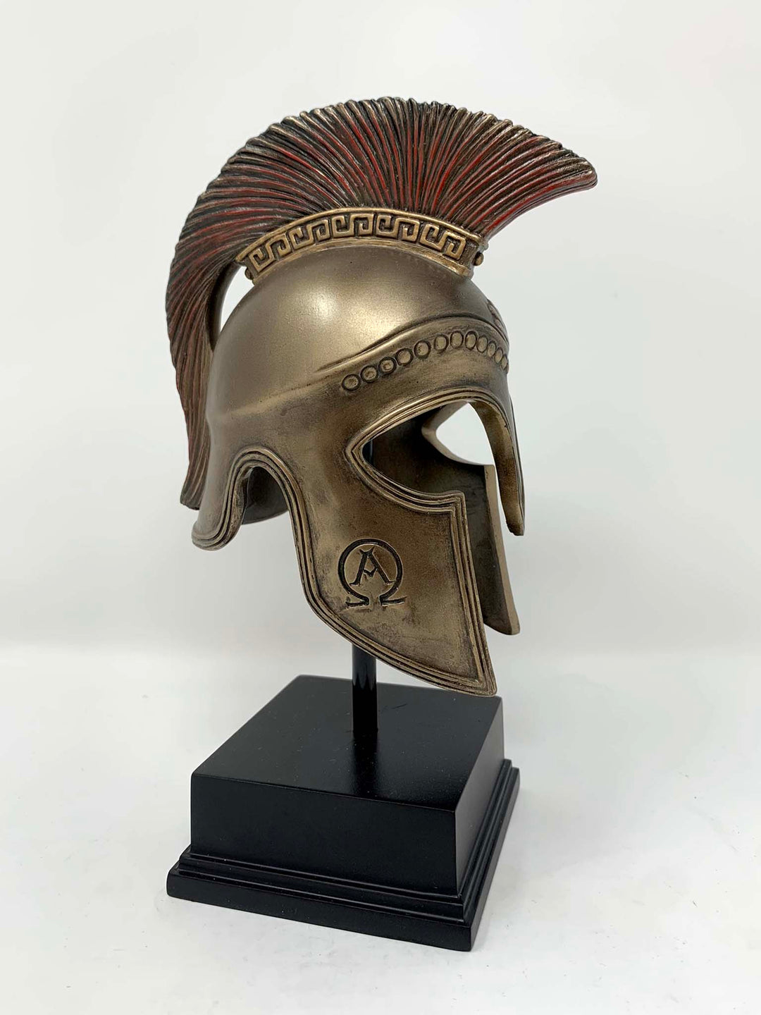 Beautifully sculptured Greek Spartan hoplite helmet on display
