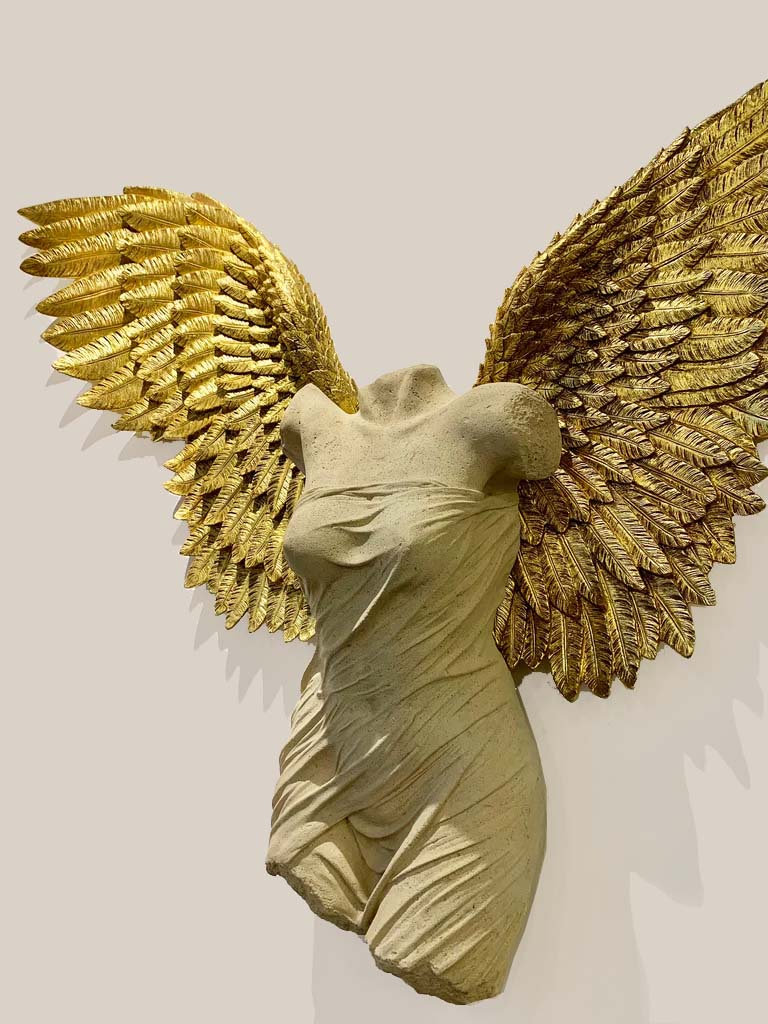 gold and white large angel with wings, large gold angel wings, 