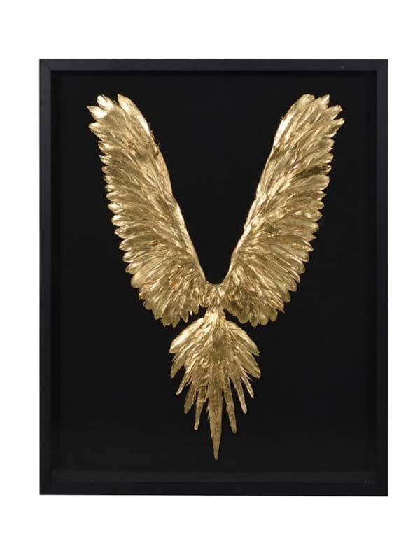 large gold angel wing wall art, gold angel wing on black frame