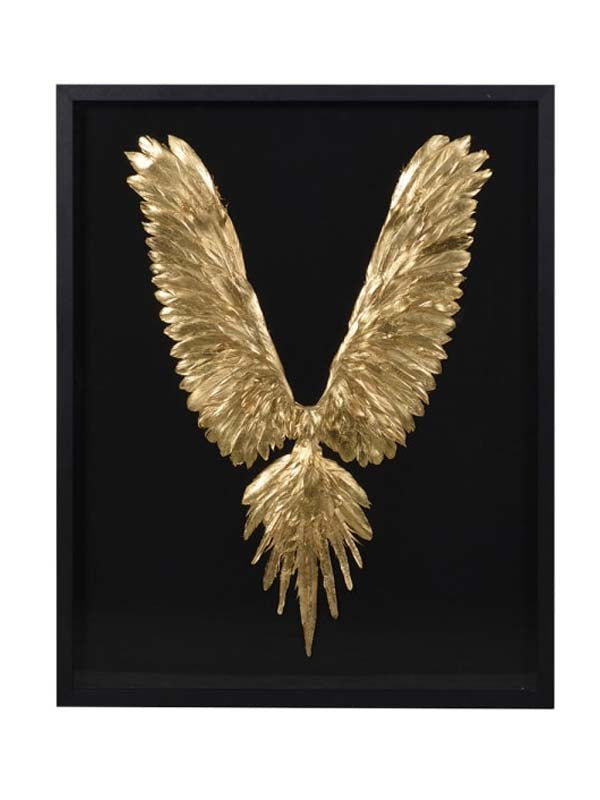 large gold angel wing wall art, gold angel wing on black frame
