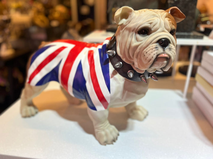Fabulous standing British Bulldog figurine in bright colour Union Jack coat 