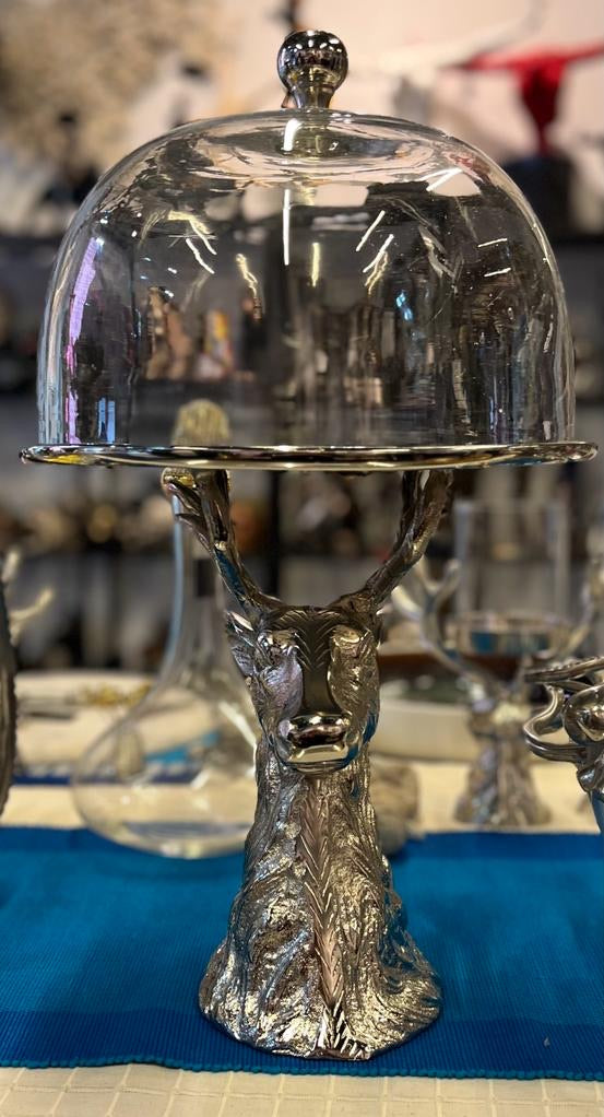 Silver Stag Head Cake Stand with Glass Dome, 50cm