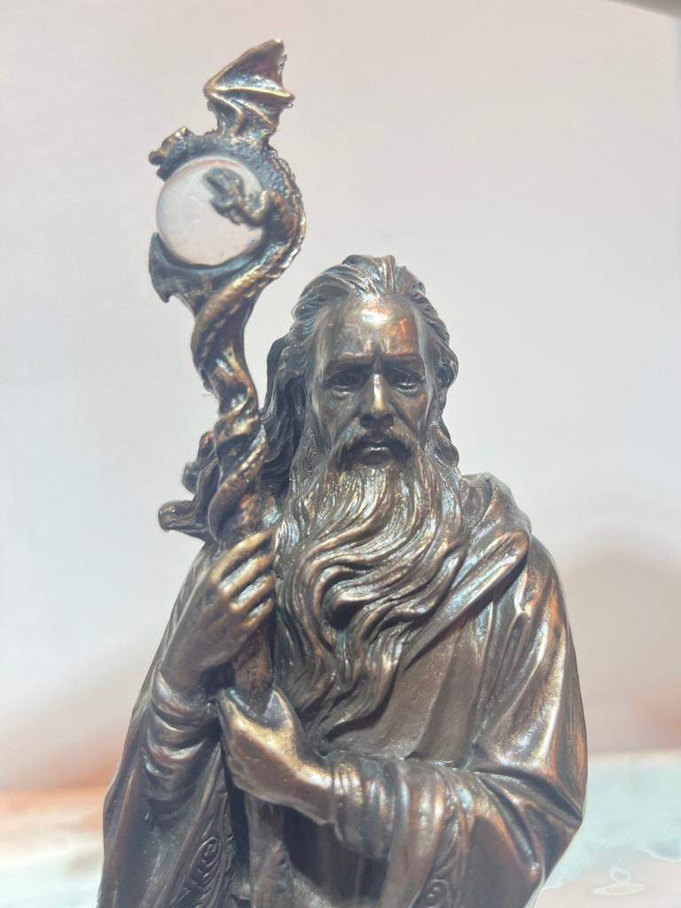 Bronze Wizard Merlin Figurine Arthurian Magic Sorcerer Ornament