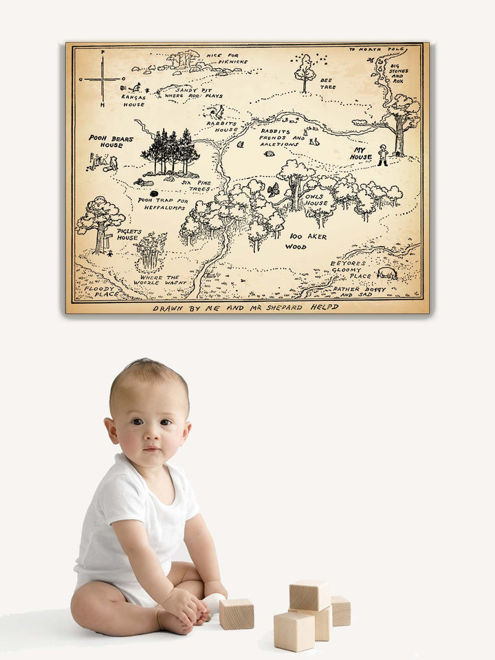 Hundred Acre Wood, Winnie the Pooh Canvas Wall Map in Black & White