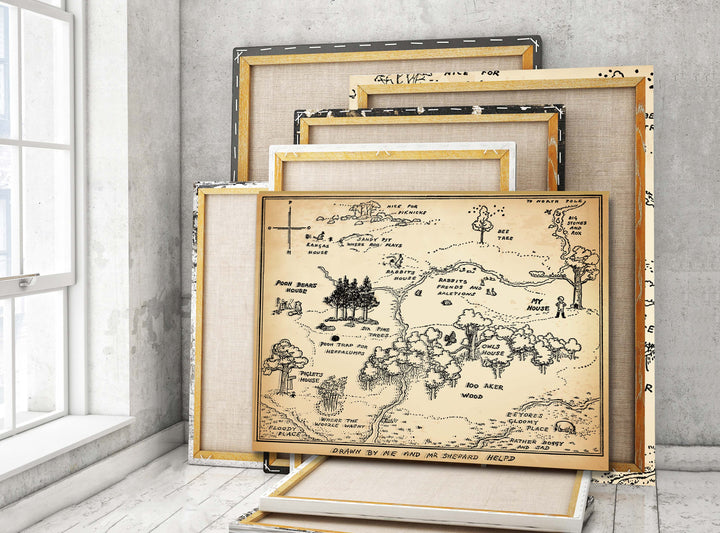 Hundred Acre Wood, Winnie the Pooh Canvas Wall Map in Black & White