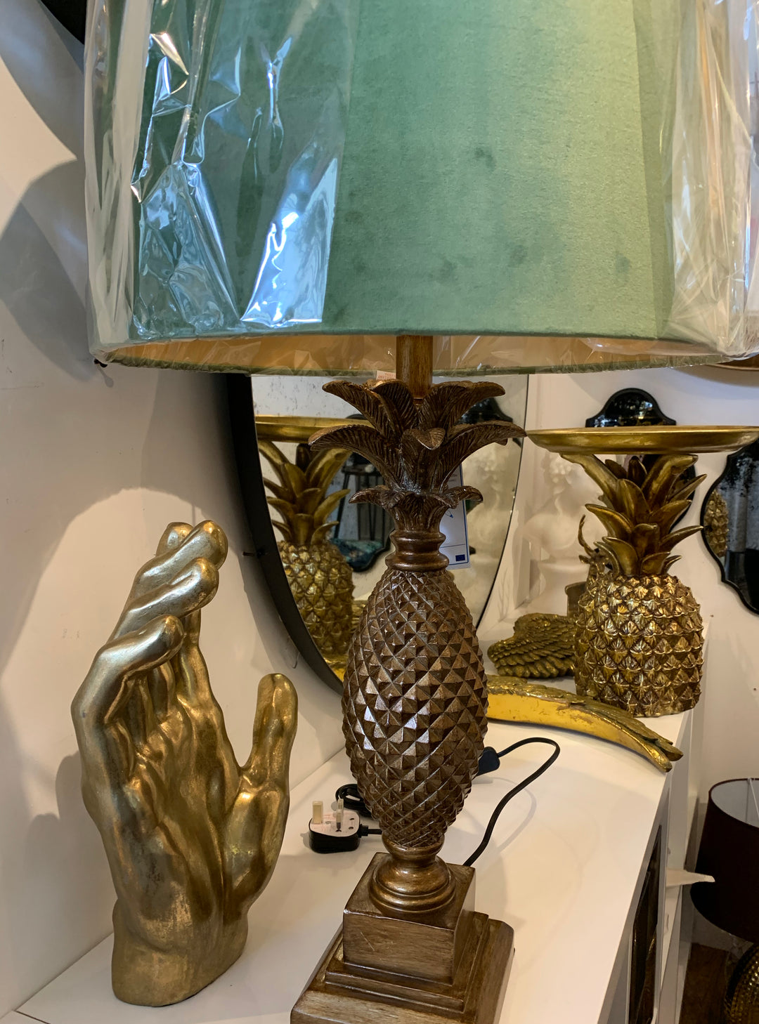 Large Gold Pineapple Table Lamp with Green Shade - Mid Century Table Lamp